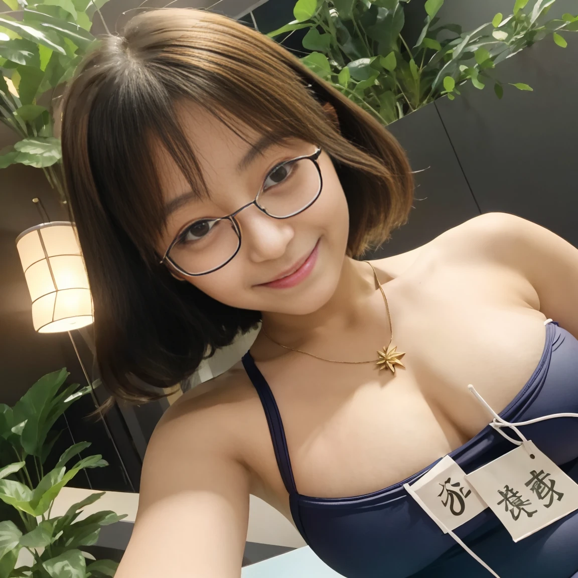 8k、masterpiece、Japanese、Woman wearing glasses、anise、from the front、smile、Childish、Big Breasts、Sheer School Swimsuit、night、forest、