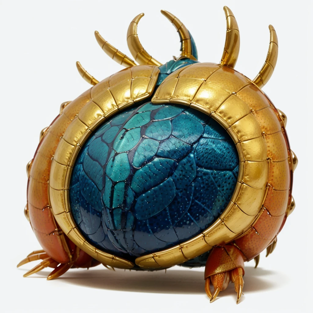 Small Animaly, green and blues colour skins, has scales, his body is shaped like a lobster but his face is like a gold, silver colour skins, Grassroots background, (white background simpleks)