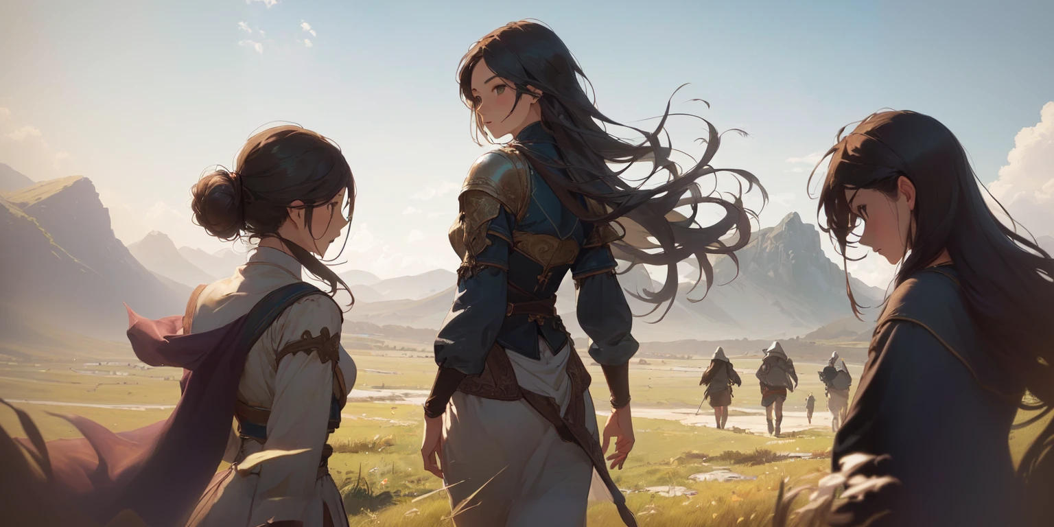 (((Top quality, 4k, 8k, high resolution, masterpiece: 1.2))), (super detailed), (realistic), (photorealistic), (photorealistic: 1.37), (HDR, UHD), (studio (lighting)), ultra-fine drawing, sharp focus, physically based rendering, highly detailed, professional, vibrant colors, medieval European clothing, adventurer's clothing, Vast grassland, magnificent plain, wind, grass swaying in the wind, (((girl, upper body of girl, girl looking back))), (((several people))), (((several adventurers walking))), (((all from behind))), (((person is very small))),