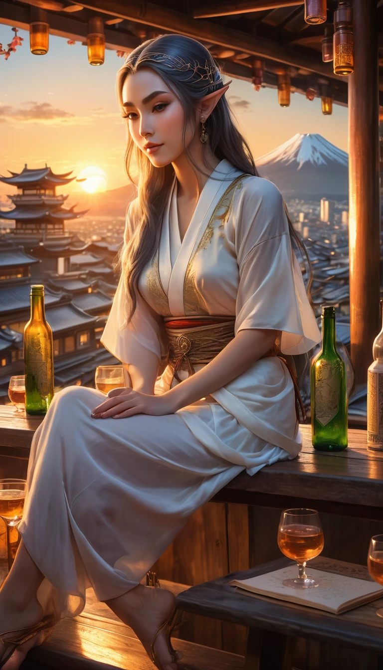 Japanese animation style, fantasy art, sunset cityscape, elven woman sitting relaxed, detailed and clear drawing, beautifully drawn face, hands and feet, warm light, antique city background, bar atmosphere, table lined with bottles and glasses, fantastic and calming atmosphere