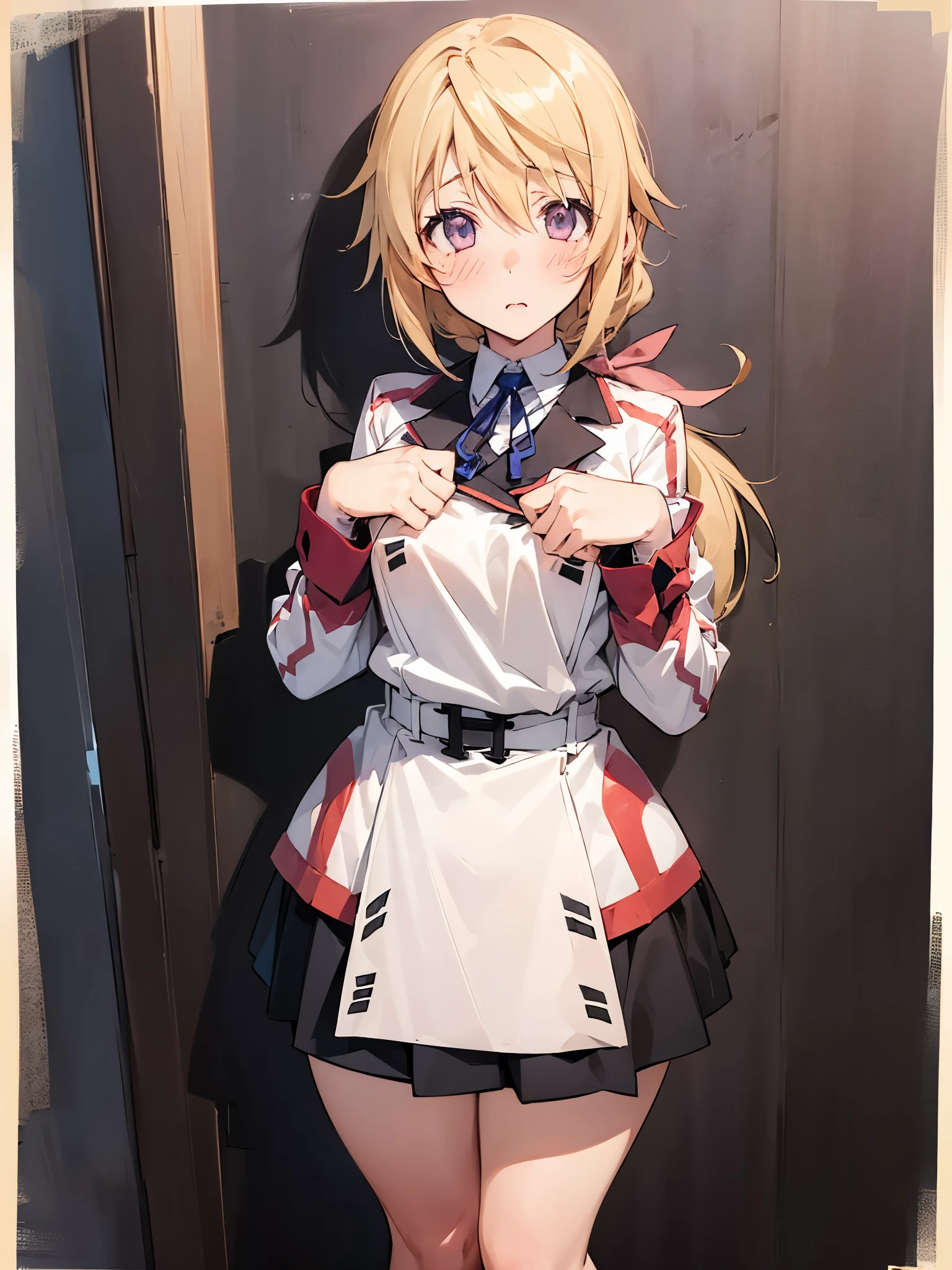 NSFW,(One girl:1.5),sd1、Charlotte Dunois、ponytail、uniform、skirt、Hair Ribbon、belt、Long sleeve,(Perfect hands),(Perfect Anatomy),(masterpiece),(highest quality),Embarrassed,blush