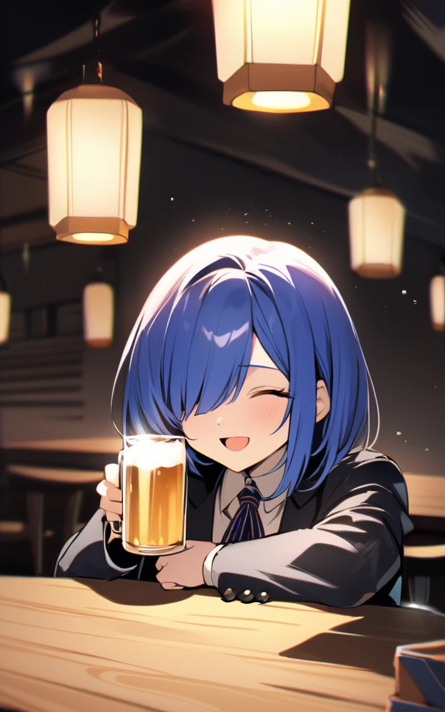 masterpiece,absurdres,8K、solo girl、slender:1.1、shiny ultramarine hair、straight hair、short bobcut:1.1、hair covering one eye:1.1、closed eyes,small breast:0.8、ultramarine eyes、irisless eyes、Holding beer mugs in hands and toasting、Gentle smile、open mouth:0.6,In a suit、Across the bar table,darkness,Lantern light、