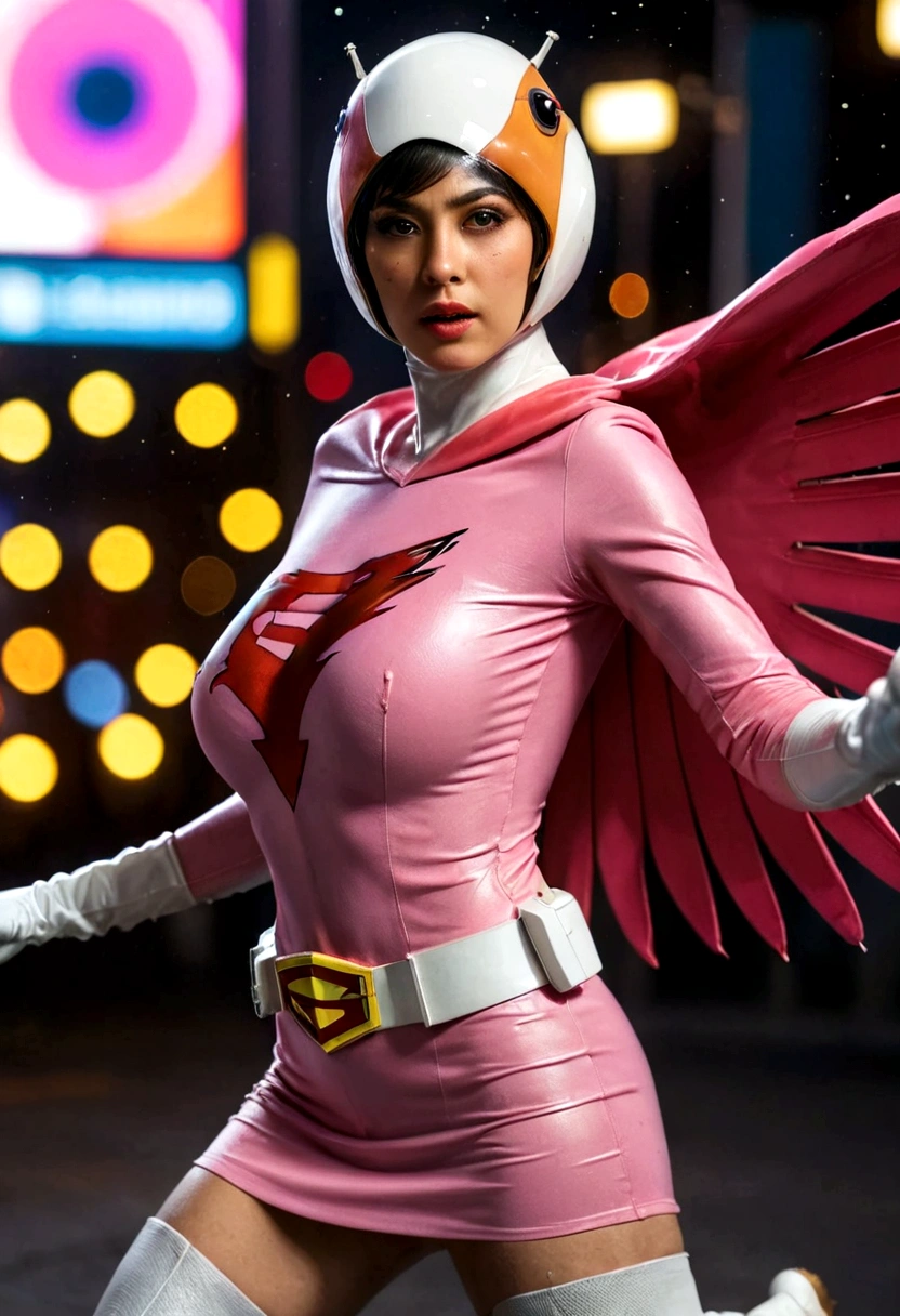 A girl in pink Gatchaman costume, long boots, long gloves, kicking enemies, detailed face, H3JTS, giga_busty, best quality, 4k, 8k, highres, masterpiece:1.2, ultra-detailed, realistic, photorealistic, photo-realistic:1.37, HDR, UHD, studio lighting, ultra-fine painting, sharp focus, physically-based rendering, extreme detail description, professional, vivid colors, bokeh, concept art