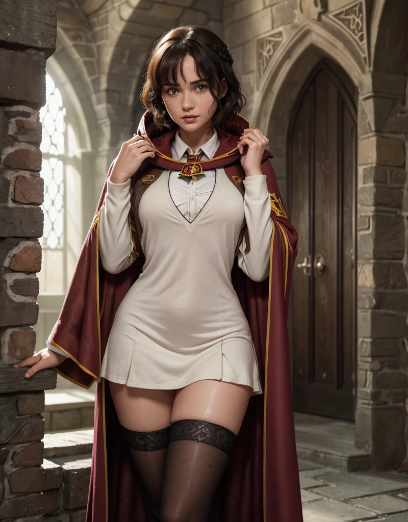 score_9, score_8_up, score_7_up, score_6_up, score_5_up, score_4_up, (8k, hd, best quality, highres), (extremely detailed), (ultra hyperrealistic photo: 1.2), ((Hogwarts wizard)), beautiful girl delicate features exuberantly youthful, messy short hair and thick bangs, large round glasses, ((wearing Hogwarts Gryffindor house student outfit)), (long open coat, hood, miniskirt, clothes in Gryffindor house colors, transparent white blouse with open neckline, high wool stockings thick weave)), beautiful, charming, seductive, small spots of freckles sweat on the skin, (open mouth pink lipstick), (long shapely thighs, sweaty with delicate freckle spots on the thighs), hot, real skin with sweat, damp sweaty body, green eyes, (Hogwarts Castle: 1.3), on a dark staircase at night, dark staircase, without windows, gloomy, gloomy, leaning against the stone wall, arms up, hand above the head stretched body
