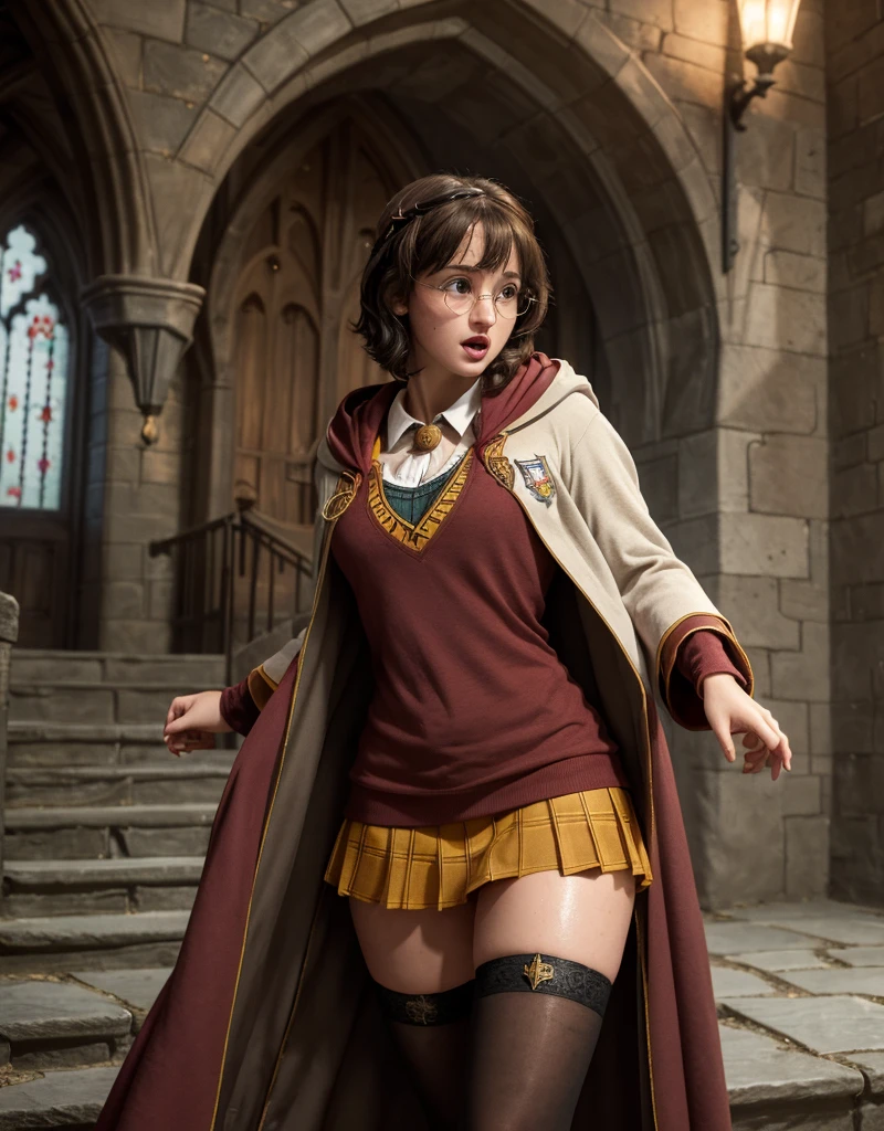 score_9, score_8_up, score_7_up, score_6_up, score_5_up, score_4_up, (8k, hd, best quality, highres), (extremely detailed), (ultra hyperrealistic photo: 1.2), ((Hogwarts wizard)), beautiful girl delicate features exuberantly youthful, messy short hair and thick bangs, large round glasses, ((wearing Hogwarts Gryffindor house student outfit)), (long open coat, hood, miniskirt, clothes in Gryffindor house colors, transparent white blouse with open neckline, high wool stockings thick weave)), beautiful, charming, seductive, small spots of freckles sweat on the skin, (open mouth pink lipstick), (long shapely thighs, sweaty with delicate freckle spots on the thighs), hot, real skin with sweat, damp sweaty body, green eyes, (Hogwarts Castle: 1.3), on a dark staircase at night, dark staircase, without windows, gloomy, gloomy, leaning against the stone wall, arms up, hand above the head stretched body