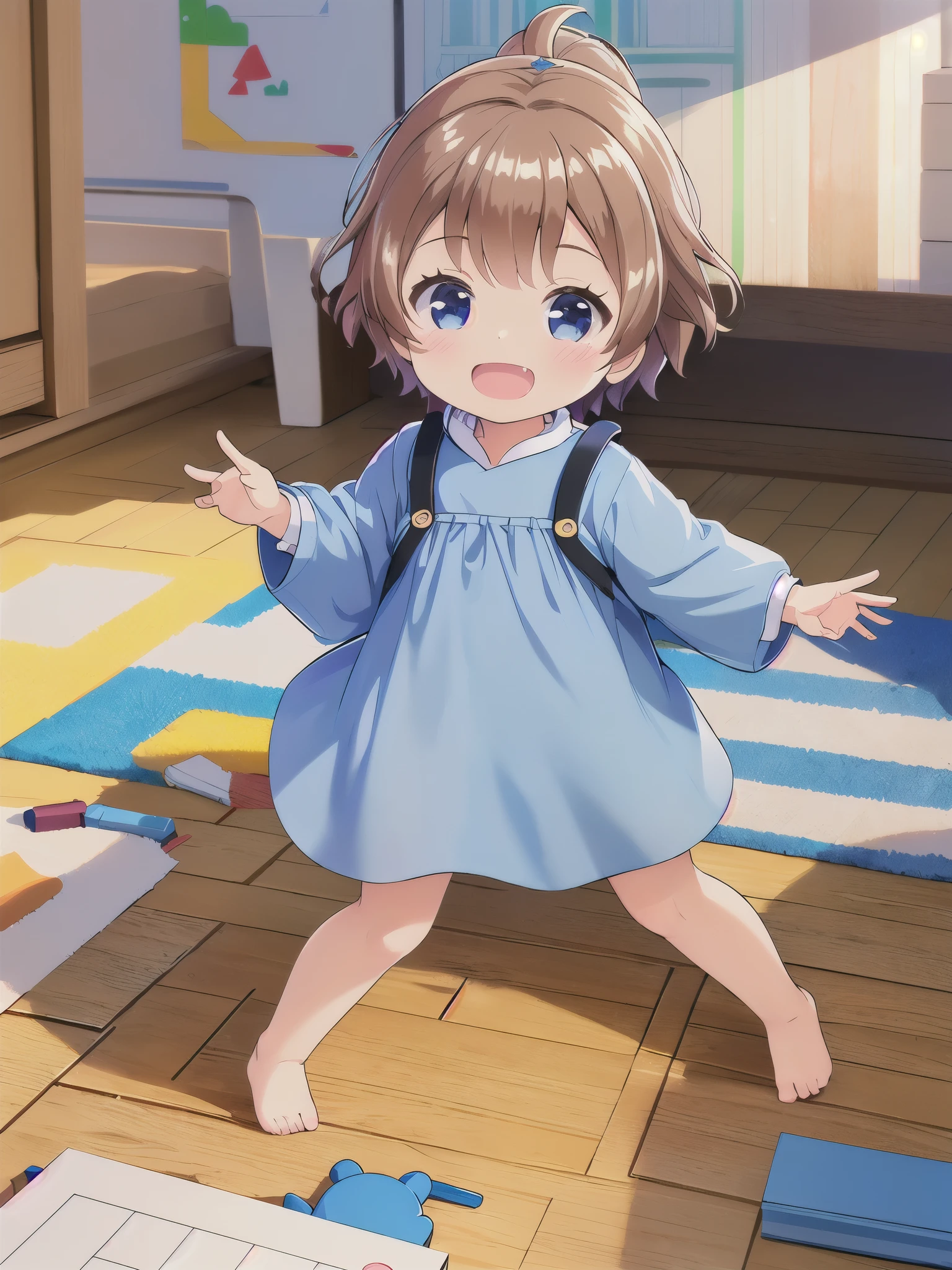 highest quality, (masterpiece:1.2), Very detailed,noon,((indoor,bedroom,album,albumの中の写真,))laughing,Lens flare,One Girl, alone, Brown Hair, short hair, bangs,kindergarten,crayon_have,(((Blue smock))),,smile,Open your mouth,5 years old,(((Chibi))),Building Blocks,