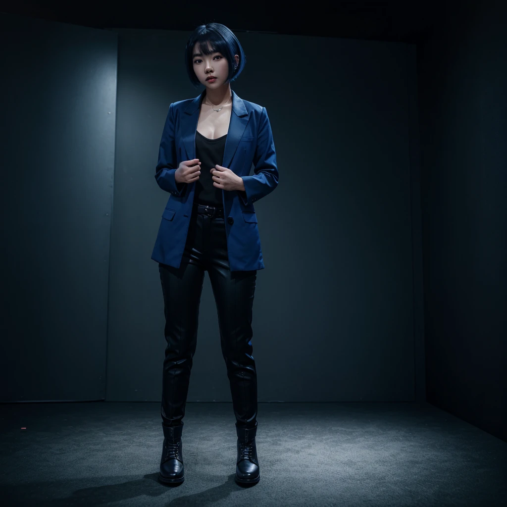 Beautiful cute korean girl, Blue bob hair style,  Playing blue electric guitar, Wearing long black blazer, Black pants, Black boots shoes, Extremely high defenition image, Dark blue vibe music stage background