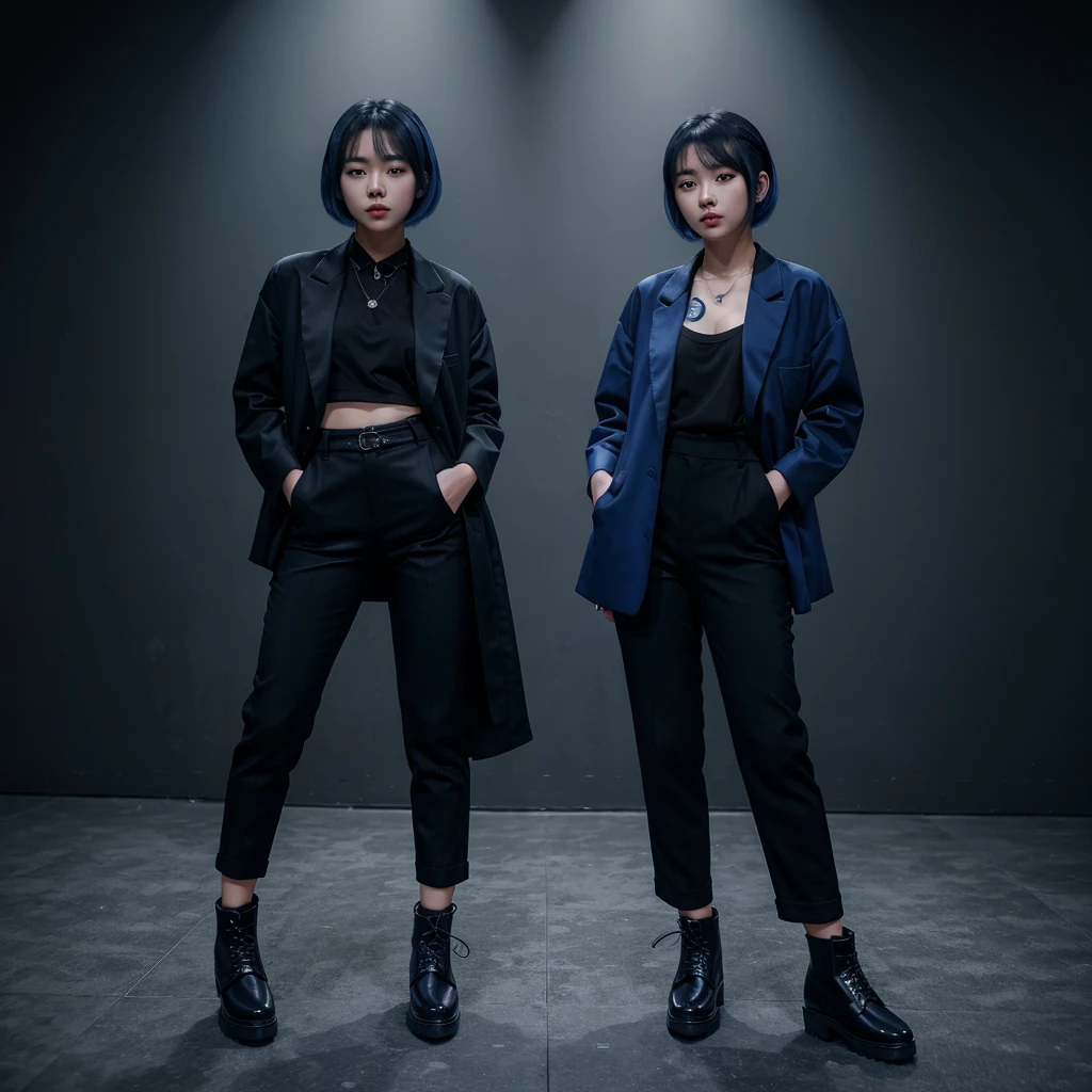 Beautiful cute korean girl, Blue bob hair style, Playing blue electric guitar, Wearing long black blazer, Black pants, Black boots shoes, Extremely high defenition image, Dark blue vibe music stage background
