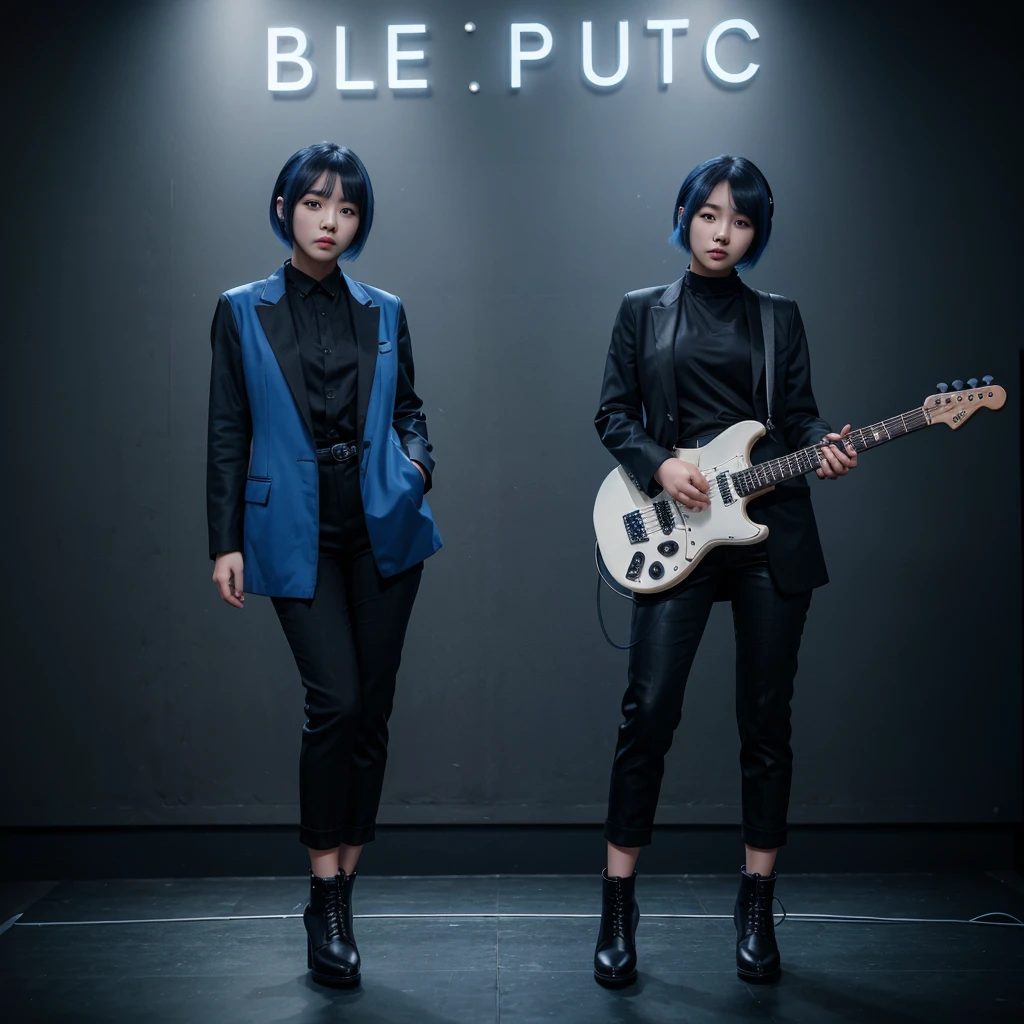 Beautiful cute korean girl, Blue bob hair style, Playing blue electric guitar, Wearing long black blazer, Black pants, Black boots shoes, Extremely high defenition image, Dark blue vibe music stage background