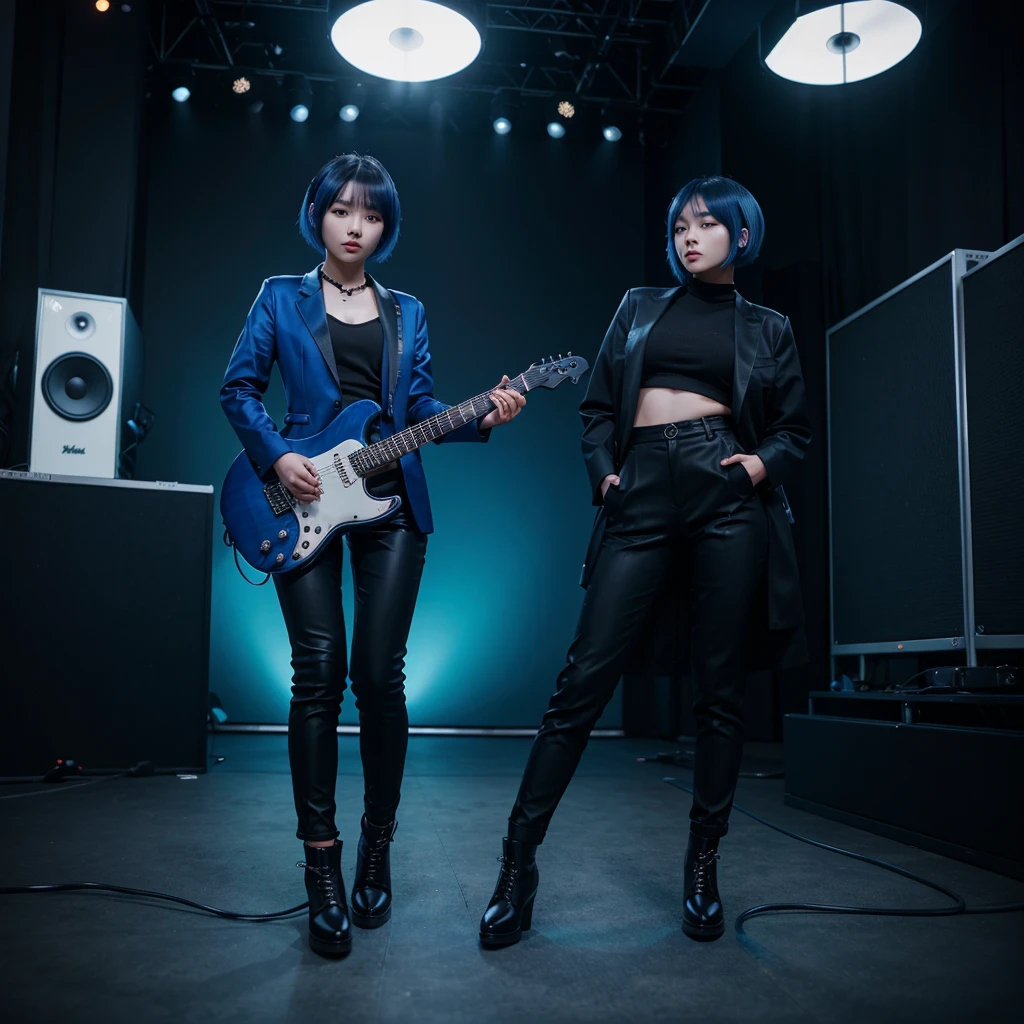 Beautiful cute korean girl, Blue bob hair style, Playing blue electric guitar, Wearing long black blazer, Black pants, Black boots shoes, Extremely high defenition image, Dark blue vibe music stage background