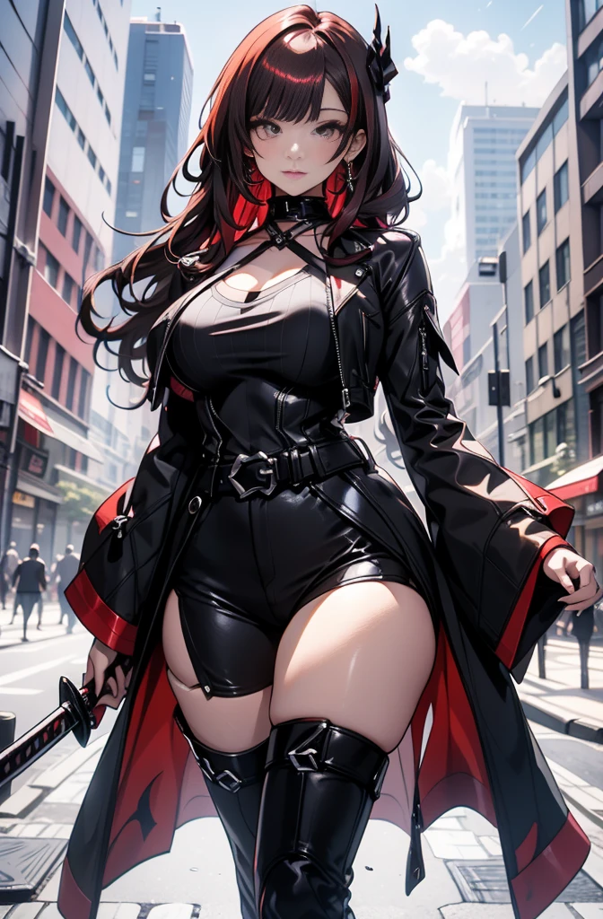 highschool student, female, 17 years old, sexy body, voluptuous figure, tightsuit, red hair, red decolored hair, alone, samurai class, persona 5 style, human, beautifull face, long hair, defined body, red and bright eyes, thick legs, strong legs, tall, Voluptuous legs, black robes, huge ass, big hip, big ass, black and red robes, tall girl, magic powers, expert with katana,