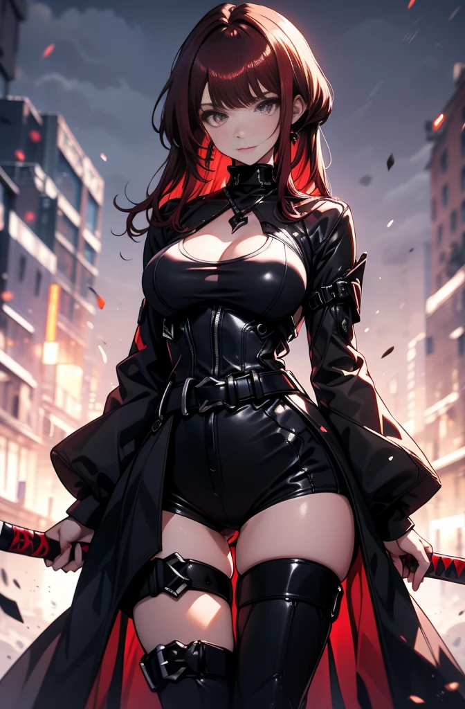 highschool student, female, 17 years old, sexy body, voluptuous figure, tightsuit, red hair, red decolored hair, alone, samurai class, persona 5 style, human, beautifull face, long hair, defined body, red and bright eyes, thick legs, strong legs, tall, Voluptuous legs, black robes, huge ass, big hip, big ass, black and red robes, tall girl, magic powers, expert with katana,