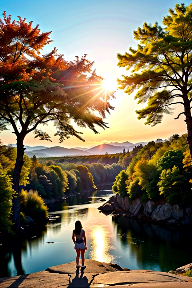 Ultra-realistic photos,landscape photo,A woman stands in the distance,Picturesque place,photoPractical, Very detailed, 8K, Practical, Practical lighting, warm color灯光, warm color, Expression of love, outdoor, Sun rays, Soft Focus,Very real photos,Ultra-realistic photos,