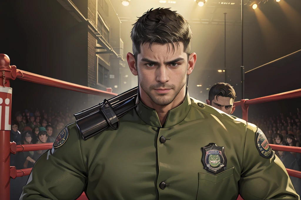 (Create a masterpiece: 1.2),(CGI art:1.3),(realistic:1.5),(After processing:1.3),(Sharp focus:1.3),1 man , straight, front ,Chris Redfield ,(black hair), smile, (Wear color olive green uniform with a Police badge: 1.2), olive green cargo, Korean guy , korean men, (High gloss details), chest muscles, large arm muscles, blood vessel, Big muscles, Broad shoulders, looking at the audience, Balancing the eyes, middle of the road,(Run and fight:1.6)