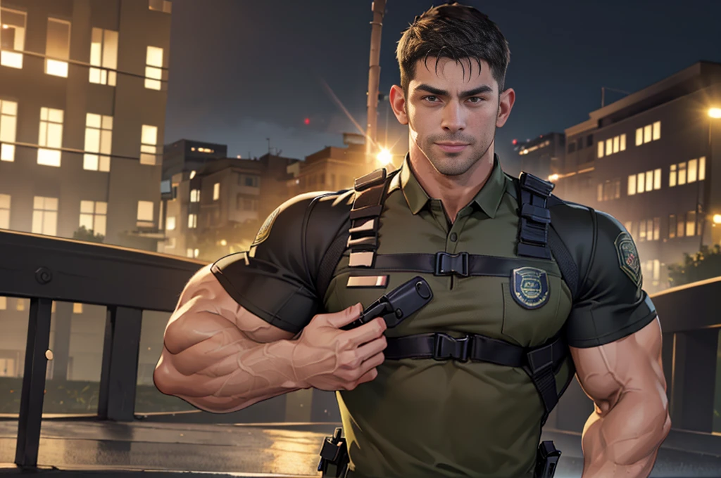 (Create a masterpiece: 1.2),(CGI art:1.3),(realistic:1.5),(After processing:1.3),(Sharp focus:1.3),1 man , straight, front ,Chris Redfield ,(black hair), smile, (Wear color olive green  uniform with a Police badge: 1.2), olive green cargo, Korean guy , korean men, (High gloss details), chest muscles, large arm muscles, blood vessel, Big muscles, Broad shoulders, looking at the audience, Balancing the eyes, middle of the road,(Run and fight:1.6)