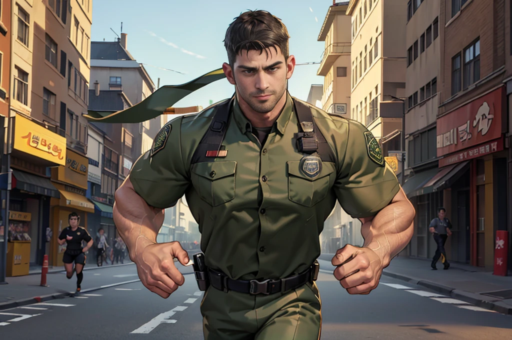 (Create a masterpiece: 1.2),(CGI art:1.3),(realistic:1.5),(After processing:1.3),(Sharp focus:1.3),1 man , straight, front ,Chris Redfield ,(black hair), smile, (Wear color olive green uniform with a Police badge: 1.2), olive green cargo, Korean guy , korean men, (High gloss details), chest muscles, large arm muscles, blood vessel, Big muscles, Broad shoulders, looking at the audience, Balancing the eyes, middle of the road,(Run and fight:1.6)