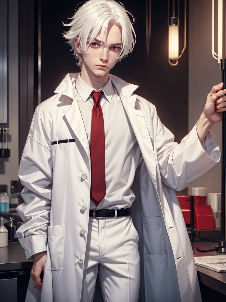 (best quality), 1boy, male, pale skin, white hair, medium hair, straight hair, tousled hair, hair behind ear, red eyes, perfect eyes, bags under eyes, lab coat, fully clothed, masterpiece, anatomically correct, highres