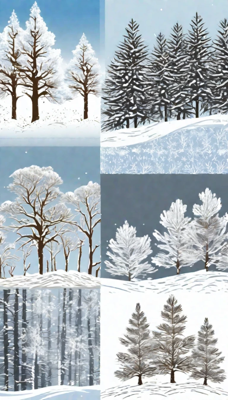 design sheet, rico en textura, Genera una imagen horizontal de varios troncos con nieve acumulada y ramas desnudas, ocupando la parte inferior de la imagen.
