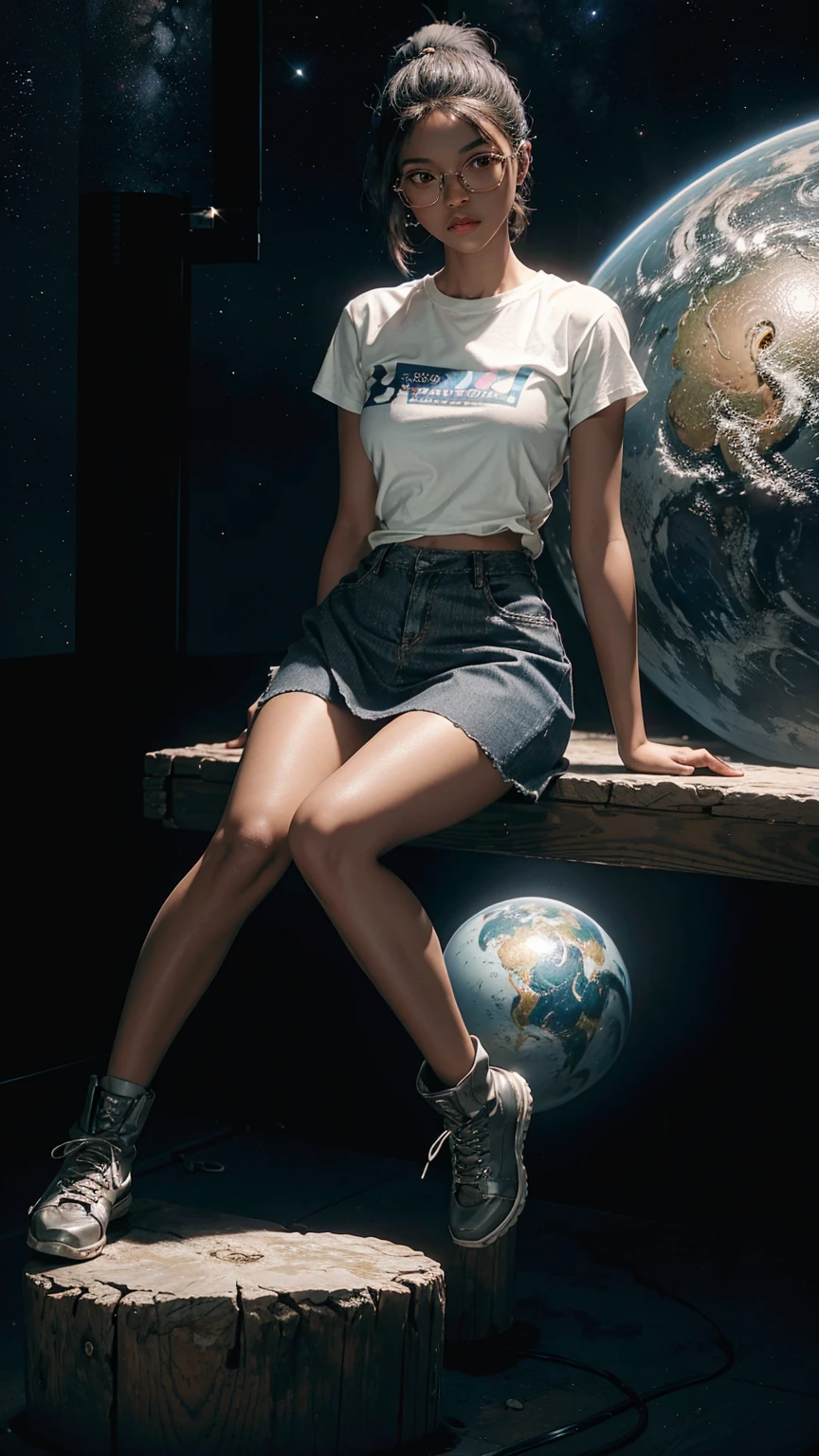 1 girl with dark skin, Small Breasts, Wearing thick-framed glasses，Highlights her facial features, short hair, Ponytail and Gray, Silver shirt, Underneath the shirt she was wearing another tight shirt, Vivid details and colors，Reminiscent of stars and planets in outer space, And a blue skirt and a pair of non-slip high boots,