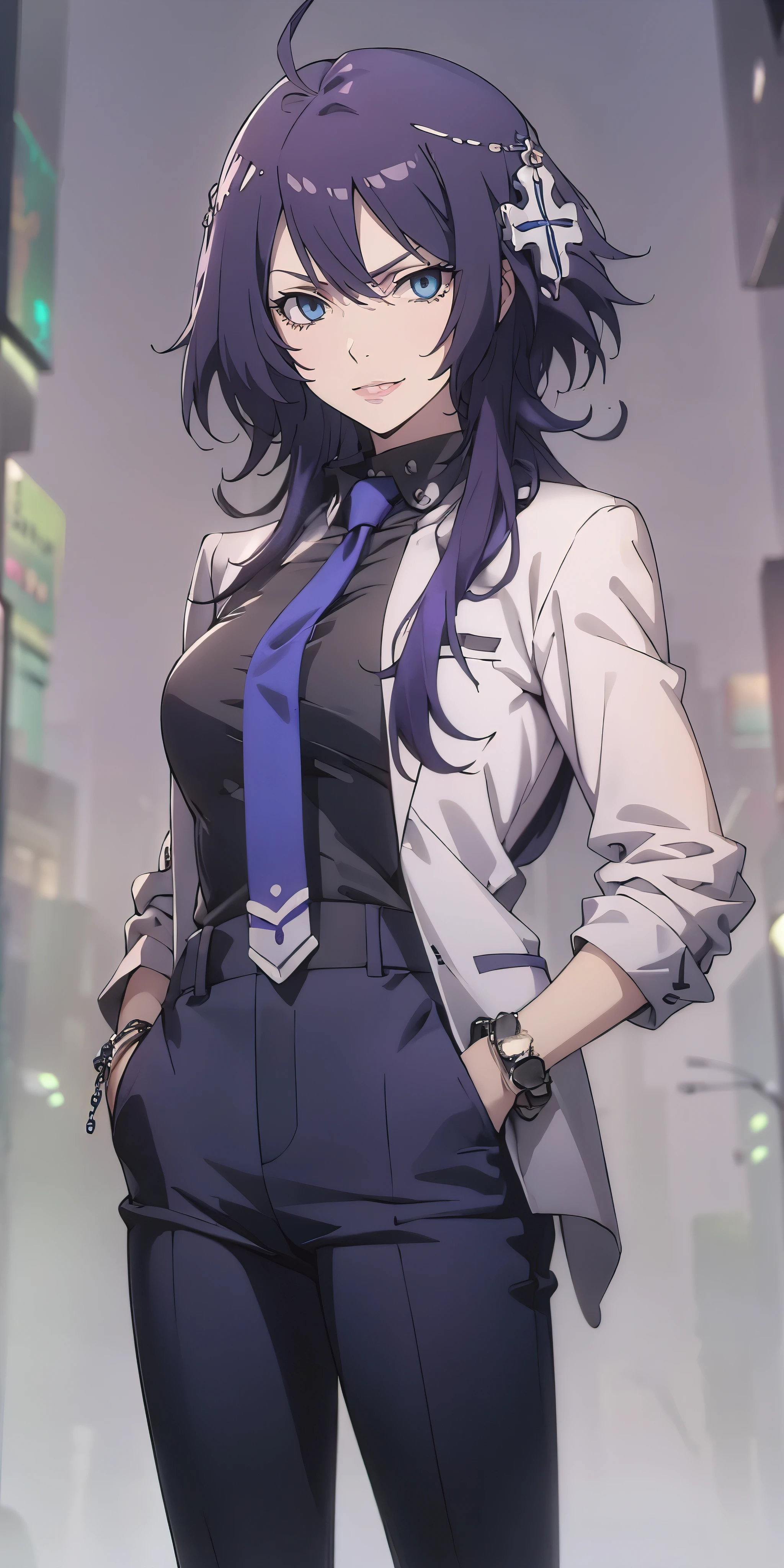 MC, ahoge, (long hari, purple hair:1.3), hair ornament, dark-blue eyes, anatomically correct, heavy breathing, mature female, anatomically correct, best quality, masterpiece, high quality, high details, highres, HD, 1girl, solo, jewelry, necktie, pants, grey background, grin, bracelet, formal, (bokeh:1.3), hands in pockets, hollow eyes, bright pupils, dark-blue eyes, looking at viewer. glowing eyes heavy breathing, smirk, upper teeth, lips,