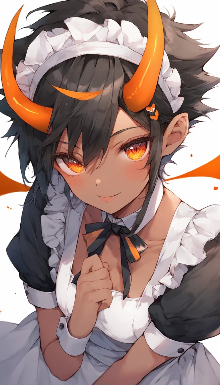 score_9, score_8_superior, score_7_superior, score_6_superior,the cartoon lady has an orange streak in her hair with horns sticking out from it, 1girl, solo, black hair, dark skin, dark-skinned female, horns, maid headdress, hair ornament, maid, looking at viewer, orange eyes, short sleeves, dress, short hair, apron, black dress, wrist cuffs, frills