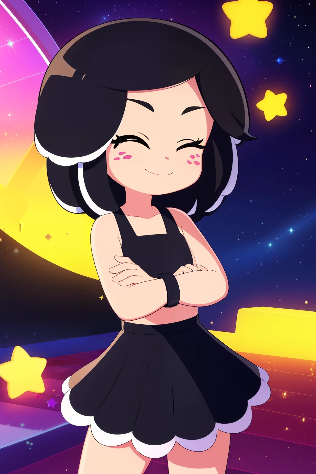 (masterpiece), 1girl, solo, hanazuki, black hair, highlights, black eyes, pink nose, freckles, bracelet, black crop-top, black skirt, trimmings, glowing body, joyful, cute smile, one eye closed, crossed arms, stars, neon lights, space, galaxy,