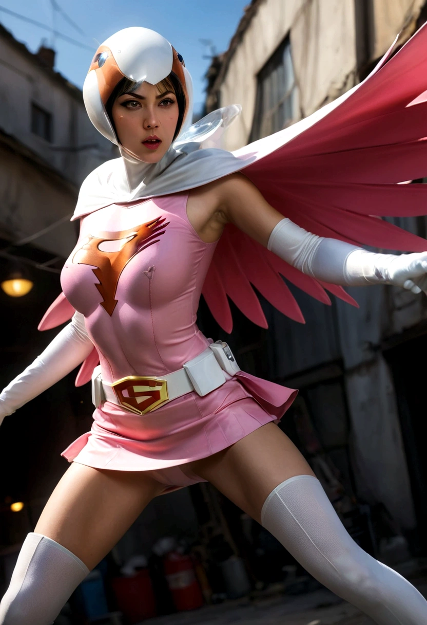 A girl in pink Gatchaman costume, long boots, long gloves, kicking enemies, detailed face, H3JTS, giga_busty, best quality, 4k, 8k, highres, masterpiece:1.2, ultra-detailed, realistic, photorealistic, photo-realistic:1.37, HDR, UHD, studio lighting, ultra-fine painting, sharp focus, physically-based rendering, extreme detail description, professional, vivid colors, bokeh, concept art