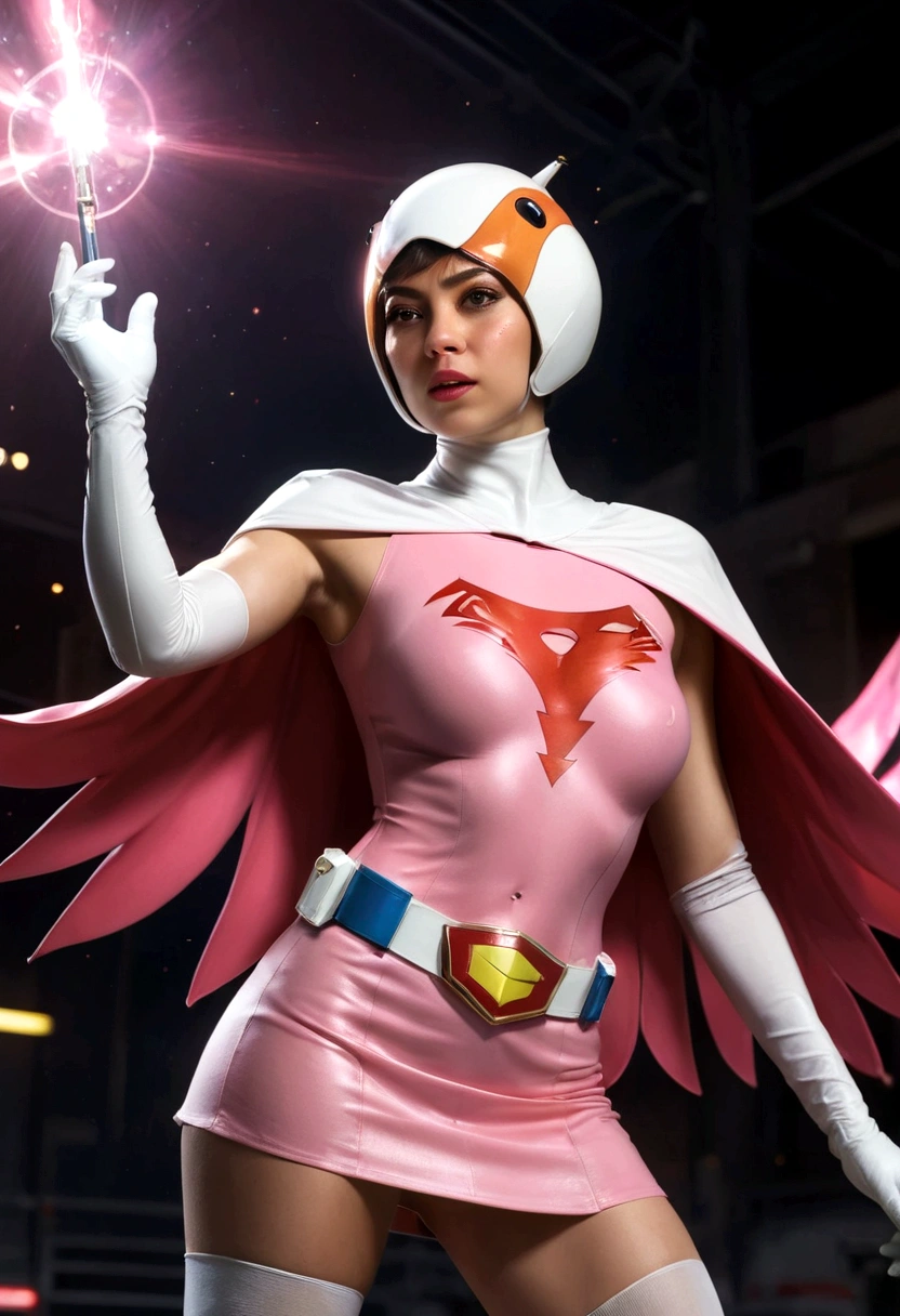 A girl in pink Gatchaman costume, long boots, long gloves, kicking enemies, detailed face, H3JTS, giga_busty, best quality, 4k, 8k, highres, masterpiece:1.2, ultra-detailed, realistic, photorealistic, photo-realistic:1.37, HDR, UHD, studio lighting, ultra-fine painting, sharp focus, physically-based rendering, extreme detail description, professional, vivid colors, bokeh, concept art