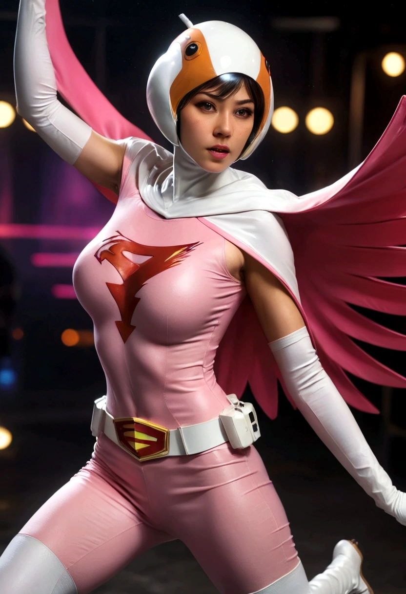 A girl in pink Gatchaman costume, long boots, long gloves, kicking enemies, detailed face, H3JTS, giga_busty, best quality, 4k, 8k, highres, masterpiece:1.2, ultra-detailed, realistic, photorealistic, photo-realistic:1.37, HDR, UHD, studio lighting, ultra-fine painting, sharp focus, physically-based rendering, extreme detail description, professional, vivid colors, bokeh, concept art