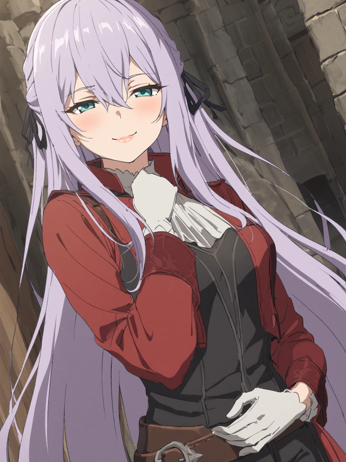 {{upper body, dutch angle}} {{Artist: sincos}} 1girl, solo, eye focus, (lavender hair:1.3), hair between eyes, aqua eyes, long bangs, very long hair, medium breasts, smile, half-closed eyes, hair ribbon, leather belt pouch, pose, (black military uniform), (red overcoat:1.3), black pants, white gloves, black vest, white shirt, lips, hand on own waist, pov, medieval fantasy.