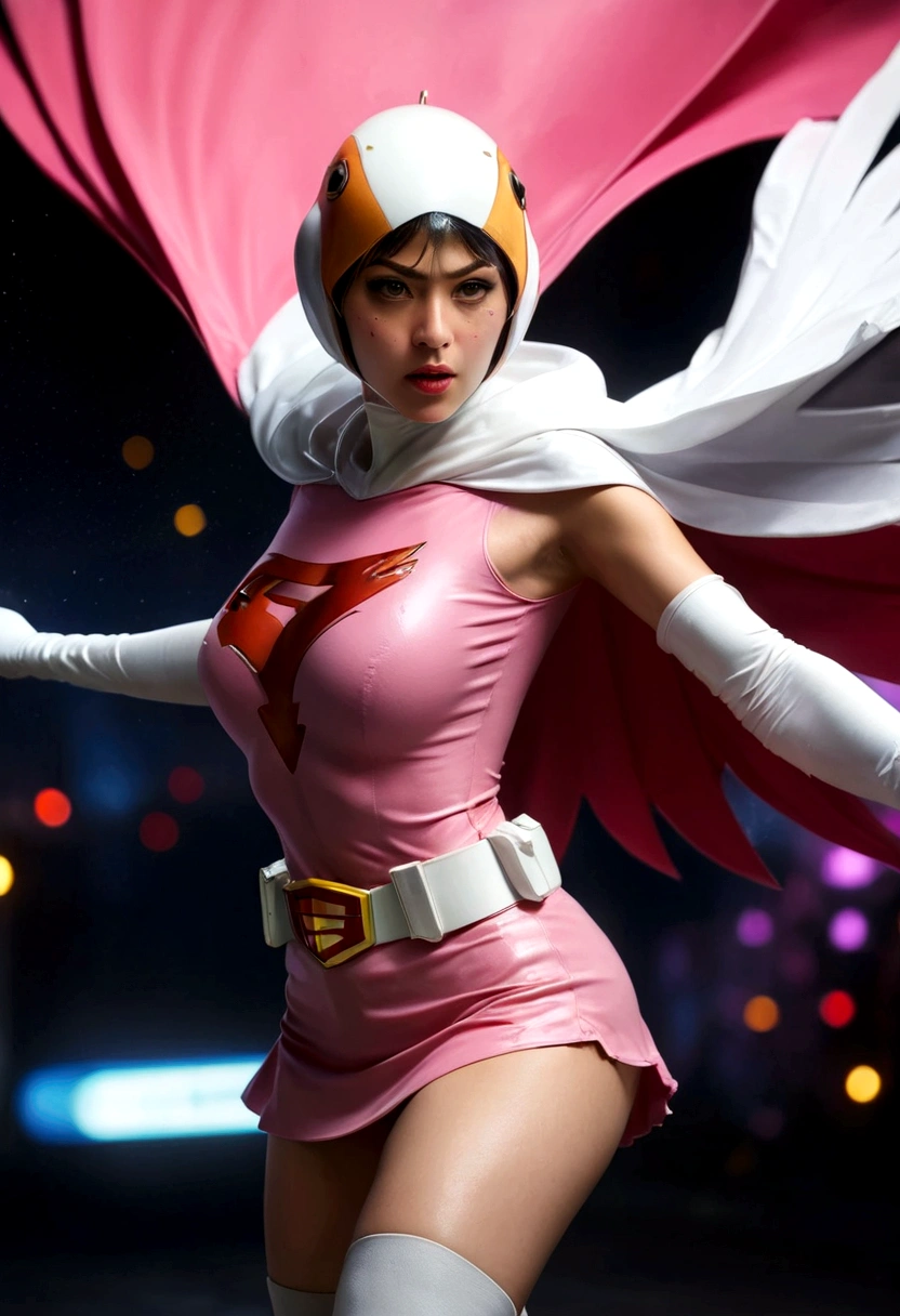 A girl in pink Gatchaman costume, long boots, long gloves, kicking enemies, detailed face, H3JTS, giga_busty, best quality, 4k, 8k, highres, masterpiece:1.2, ultra-detailed, realistic, photorealistic, photo-realistic:1.37, HDR, UHD, studio lighting, ultra-fine painting, sharp focus, physically-based rendering, extreme detail description, professional, vivid colors, bokeh, concept art