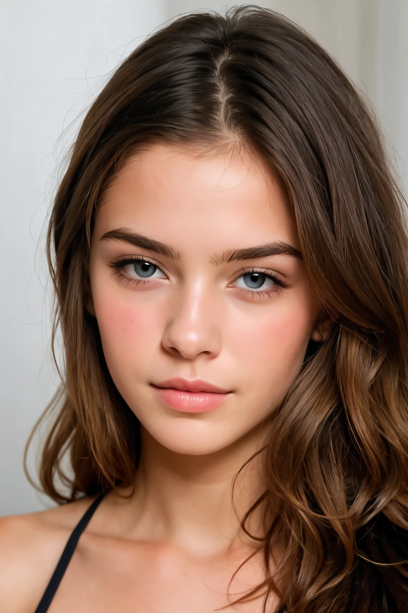 ((best quality)), ((Meisterwerk)), (Detailliert), Perfektes Gesicht(best quality)), ((Meisterwerk)), (Detailliert), Perfektes Gesicht,stunning realistic, photorealistic, photorealism, 1 beautiful spain girl,small nose,17 years old,Brown long hair,light curly hair,beautiful grey and hazel eyes,light sixpack