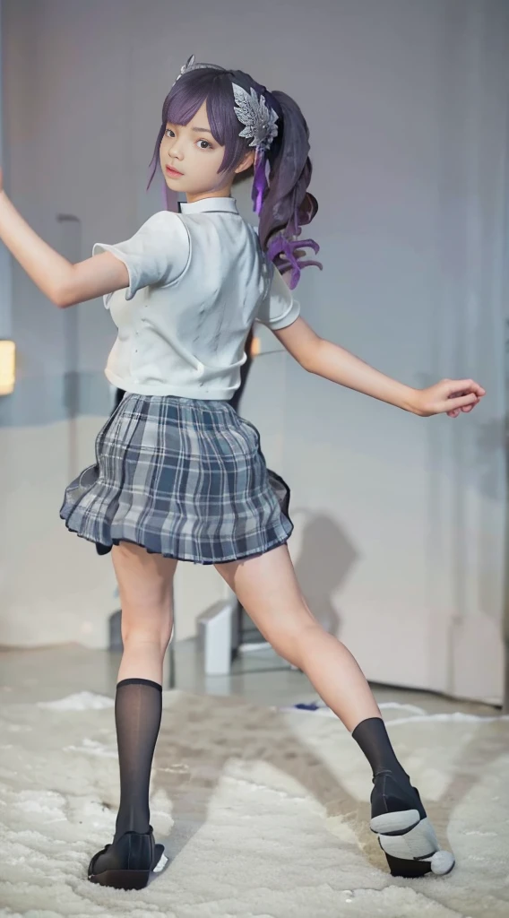 Highest quality、highest quality、Highly detailed figure、Highly detailed face、Highly detailed eyes、Highly detailed nose、Highly detailed facial expressions、Highly detailed full body、Being in reality、16-year-old girl、The gay bully、、Sneer、 hairstyles、Bangs、Back ponytail、High 、White shirt、Uniform skirt、Close to the skin、Tight、High school student plaid skirt、16 year old girl's breasts、Full body photo、Are standing、Emphasizes the beauty of thigh muscles、Full body photo、black tights、School classroom