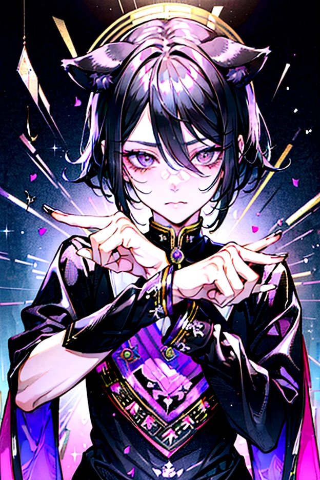 ,(((male:1.3))),((black hair:1.3)),(Shiny marble eyes:1.45),(forehead mark),(NSFW:1.15),((drooping dog ears:1.2)),(A lustrous, soft face:1.4),((blush、Waiting for a half-open kiss、Excited face:1.2)),((head down:1.3)),((POP and cute animal footprint background:1.25)),((Gorgeous Arabian costume:1.3)),(black、purple、white、pink),((paw pose:1.4))