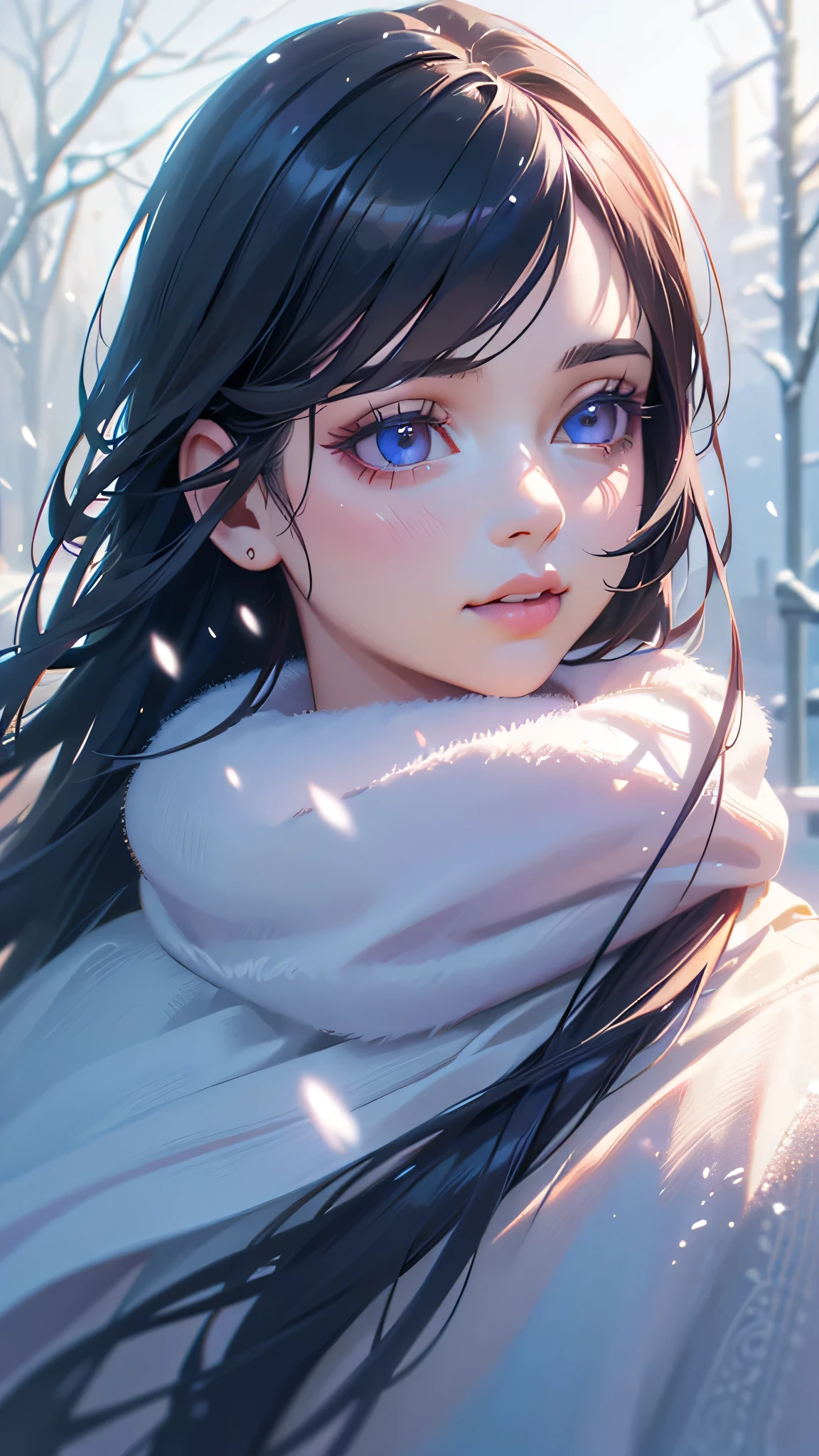 1girl, , pink uniform, long black hair, long hair, scarf, ear muffs, shivering, snowy scenery, snowing, snow reflecting light, fantasy atmosphere, (best quality,4k,8k,highres,masterpiece:1.2),ultra-detailed,(realistic,photorealistic,photo-realistic:1.37),winter, cold, snow, detailed face, beautiful detailed eyes, beautiful detailed lips, extremely detailed eyes and face, long eyelashes