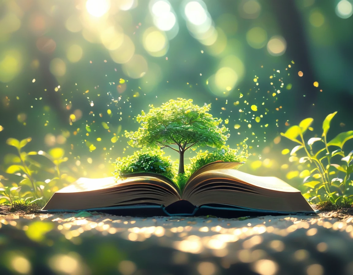 Create a 4K image of an open old book with pages transforming into trees and plants, symbolizing the growth of knowledge and the environment. The background shows a lush garden emerging from the book. The image should be highly detailed, in sharp focus, and of very high quality with no blur