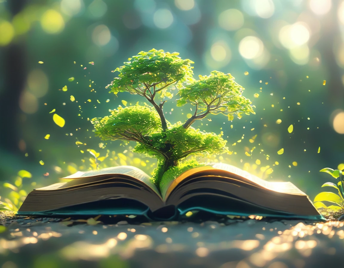 Create a 4K image of an open old book with pages transforming into trees and plants, symbolizing the growth of knowledge and the environment. The background shows a lush garden emerging from the book. The image should be highly detailed, in sharp focus, and of very high quality with no blur