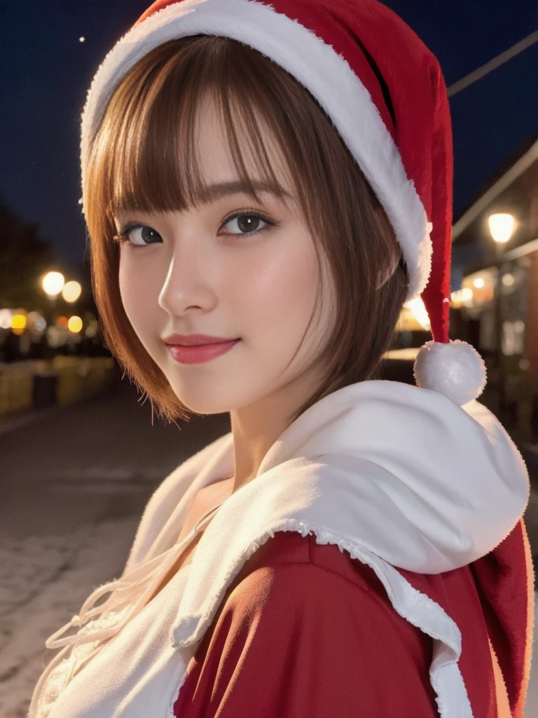 1girl, (santa claus costume:1.5), symmetry, beautiful cute young girl, slender figure, (ultra short hair:1.5), ultra big smile, (Beautiful large round droped detailed eyes:1.0), beautiful detailed lips, extremely detailed face, natural makeup, Incredibly beautiful skin, (best quality,4k,8k,highres,masterpiece:1.75),(ultra-detailed,realistic,photorealistic,photo-realistic:2.0),professional,vivid colors,studio lighting,snowing night town,christmas eve