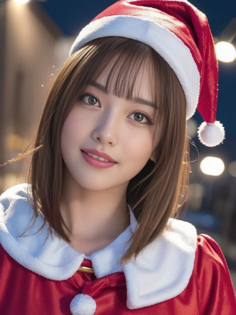 1girl, (santa claus costume:1.5), symmetry, beautiful cute young girl, slender figure, (ultra short hair:1.5), ultra big smile, (Beautiful large round droped detailed eyes:1.0), beautiful detailed lips, extremely detailed face, natural makeup, Incredibly beautiful skin, (best quality,4k,8k,highres,masterpiece:1.75),(ultra-detailed,realistic,photorealistic,photo-realistic:2.0),professional,vivid colors,studio lighting,snowing night town,christmas eve