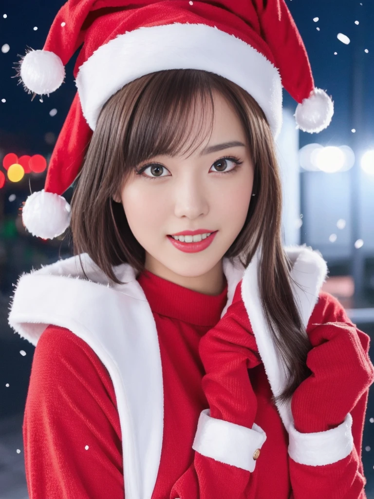 1girl, (santa claus costume:1.5), symmetry, beautiful cute young girl, slender figure, (ultra short hair:1.5), ultra big smile, (Beautiful large round droped detailed eyes:1.0), beautiful detailed lips, extremely detailed face, natural makeup, Incredibly beautiful skin, (best quality,4k,8k,highres,masterpiece:1.75),(ultra-detailed,realistic,photorealistic,photo-realistic:2.0),professional,vivid colors,studio lighting,snowing night town,christmas eve