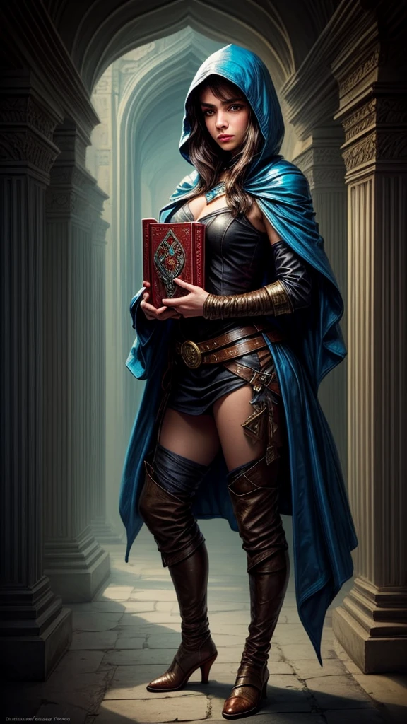 Speed painting of portrait of a fantasy female brunette human adventurer, with a blue hood, in a temple, D&D character, holding with both hands a large leather bound book with butterfly on the book cover