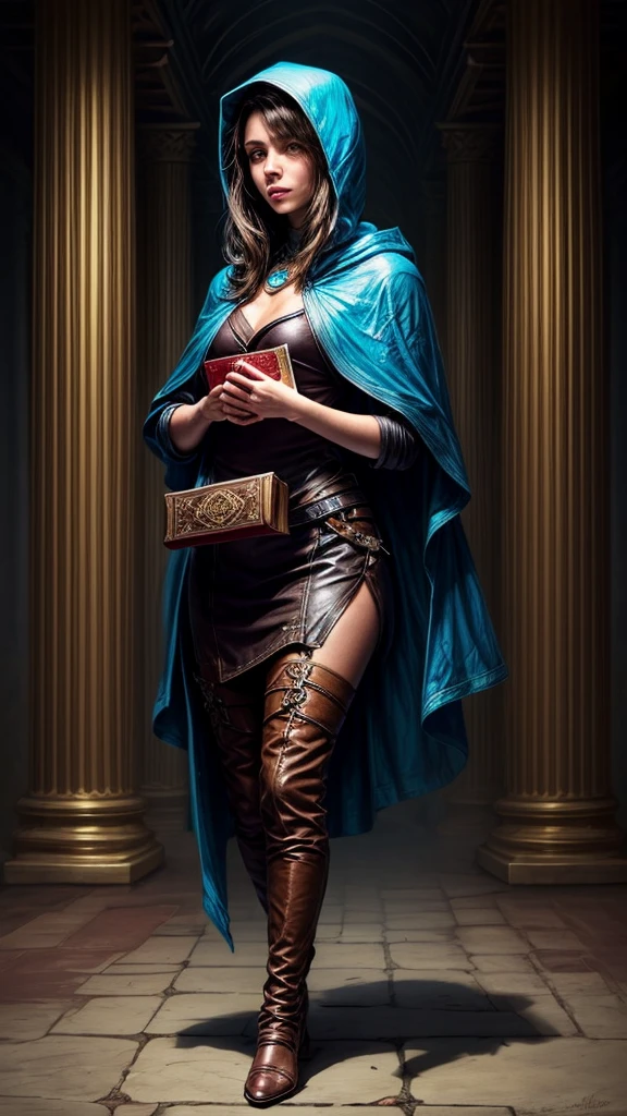 Speed painting of portrait of a fantasy female brunette human adventurer, with a blue hood, in a temple, D&D character, holding with both hands a large leather bound book with butterfly on the book cover