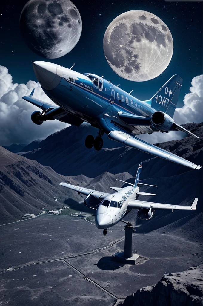 A realistic airplane flying through the beautiful moon scenery and tge text on tge plane should be MoonLight Airways