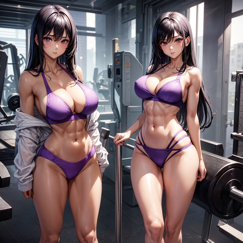 beautiful girl、Big Breasts、Black Hair、Long Straight、Great style、Nice body、Abdominal muscles、Muscular、Training Gym、Light purple bra top、Cleavage、Light purple bikini pants、Beautiful buttocks、Toned Legs、Are standing、The whole body is visible