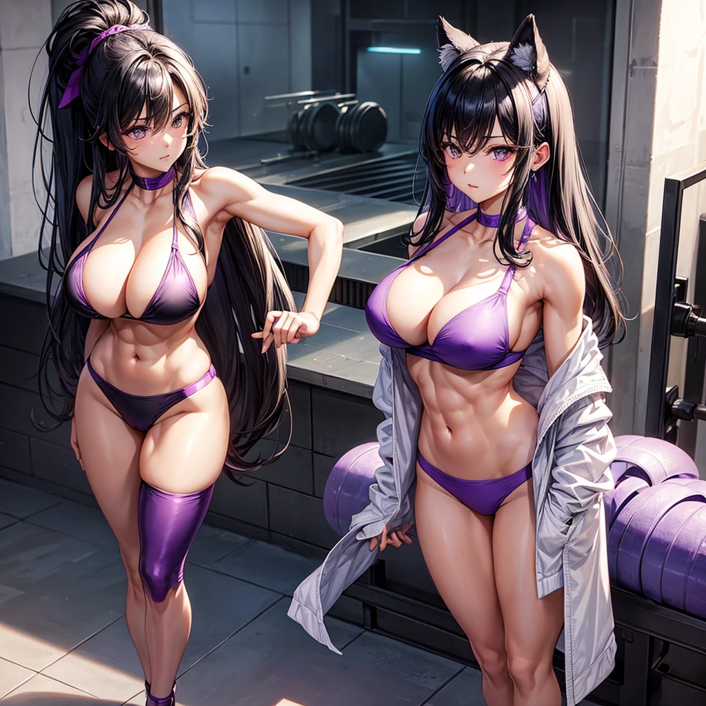 beautiful girl、Big Breasts、Black Hair、Long Straight、Great style、Nice body、Abdominal muscles、Muscular、Training Gym、Light purple bra top、Cleavage、Light purple bikini pants、Beautiful buttocks、Toned Legs、Are standing、The whole body is visible