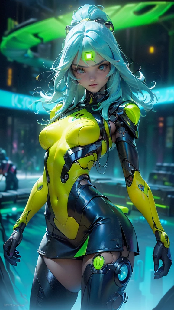 the highest quality))、((Obra maestra)、ciberpunk、big glutes、arrodillarse、Electronic visor attached to the face of a with emphasis on the buttocks、Red latex body.,modo ciberpunk、pose sexy、(Usar polainas amarillas en la parte inferior del cuerpo、Agrandamiento de los senos、Neon lights in the dark city at night.,Motor irreal:1.4,hd,La Mejor calidad:1.4, fotorrealista:1.4, textura de la piel:1.4, Obra maestra:1.8,Obra maestra, Mejor calidad,(Hermosos ojos azules ),( neon yellow cyborg),(perfect anatomy),convexo ,(Dedos detallados),white cyborg latex bodysuit, (ciberpunk 2.1) ,cabello largo azul:1.4), (miniskirt ciborg verde colegiala:1.4)
