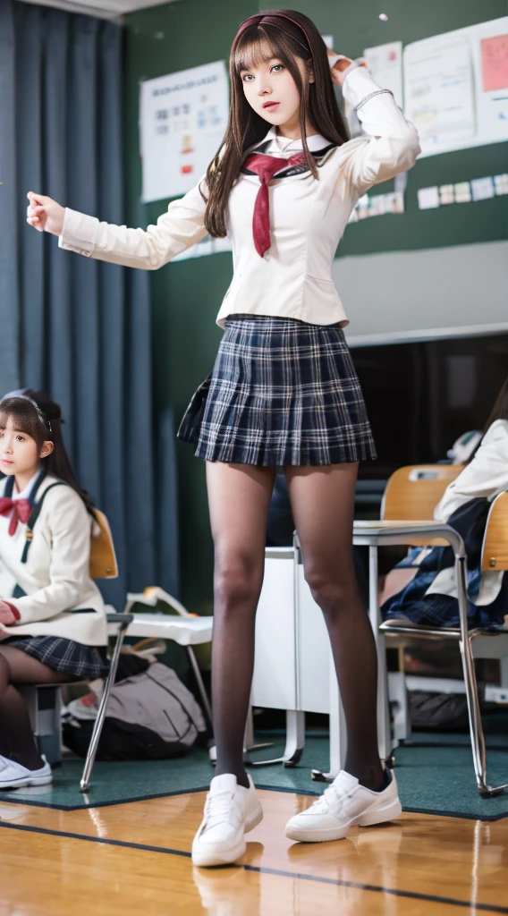 Highest quality、highest quality、16K quality、Highly detailed figure、Highly detailed face、Highly detailed eyes、Highly detailed nose、Highly detailed facial expressions、Highly detailed full body、Being in reality、16-year-old girl、Introvert、main character、High 、White shirt、Uniform skirt、Close to the skin、Tight、High school student plaid skirt、16 year old girl's breasts、Full body photo、Are standing、Emphasizes the beauty of thigh muscles、Full body photo、black tights、School classroom、Front view