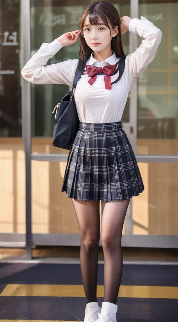 Highest quality、highest quality、16K quality、Highly detailed figure、Highly detailed face、Highly detailed eyes、Highly detailed nose、Highly detailed facial expressions、Highly detailed full body、Being in reality、16-year-old girl、Introvert、main character、High 、White shirt、Uniform skirt、Close to the skin、Tight、High school student plaid skirt、16 year old girl's breasts、Full body photo、Are standing、Emphasizes the beauty of thigh muscles、Full body photo、black tights、School classroom、Front view
