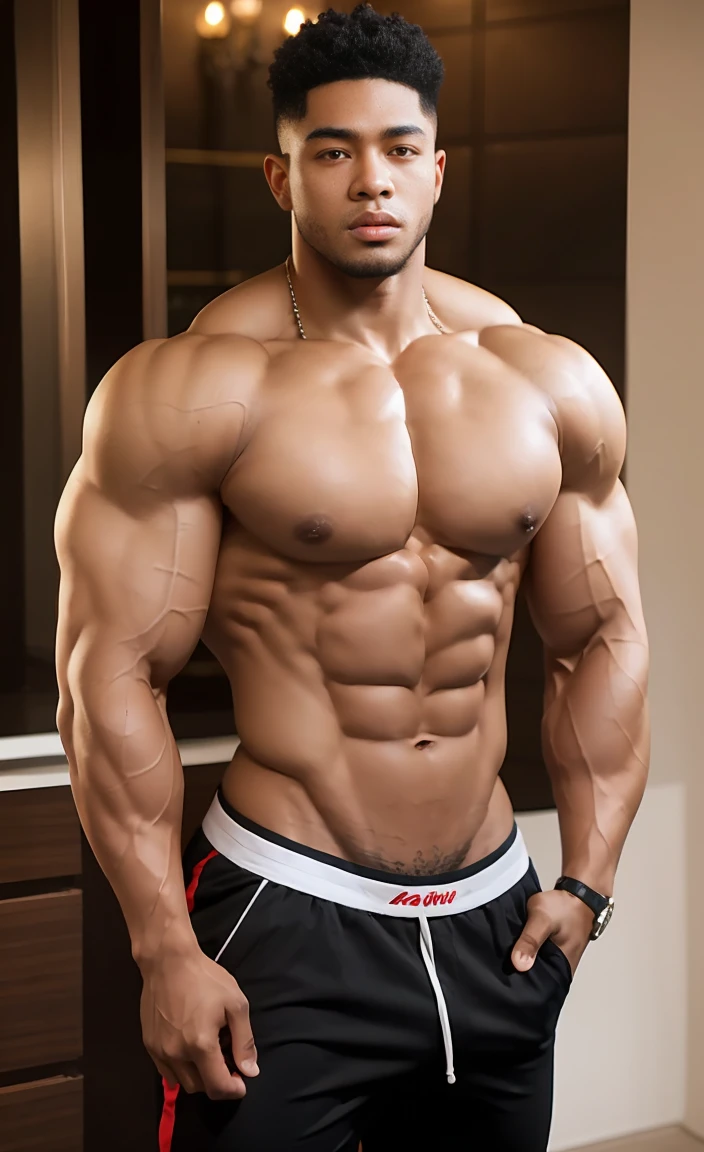 Young man with strong chest muscles, ten pack abs, thick biceps and well-developed muscles，Black person，Huge thick thighs, huge muscular boobs, Unrealistically large chest muscles, whole body，Shirtless，