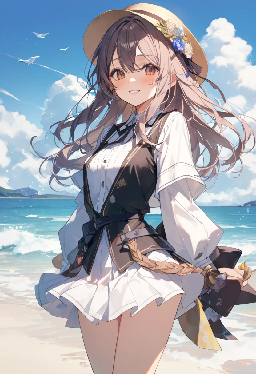 8k, highest quality, masterpiece, Wallpapers by Unity 8k, (One Girl) , 17 years old、 Perfect detail, (Best lighting) , (非常にComplexディテール)、 1girl, Silver Hair、Round eyes、Very detailed, Complex、Flat Chest、 smile、Cowboy Shot、bikini、Ocean、blue sky